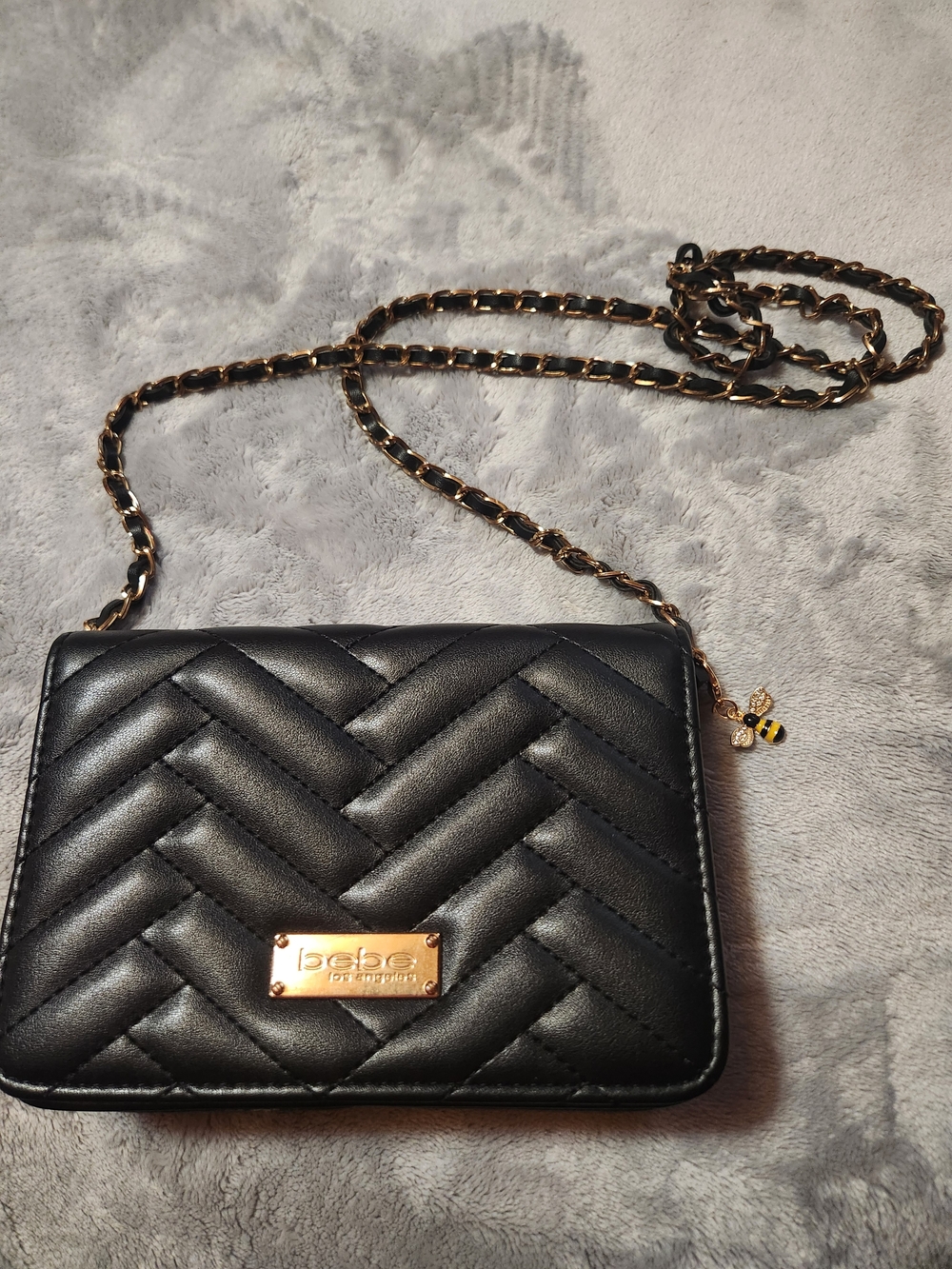 bebe Black Quilted Crossbody Bag with Gold Chain With Bee Charm